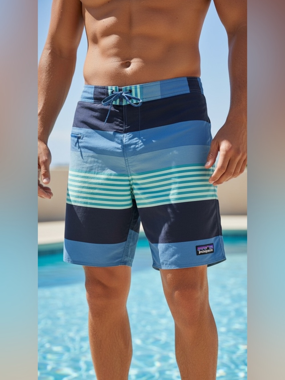 Patagonia Men's Wayfarer Blue Shades & Green Striped Board Shorts Swim Size 34